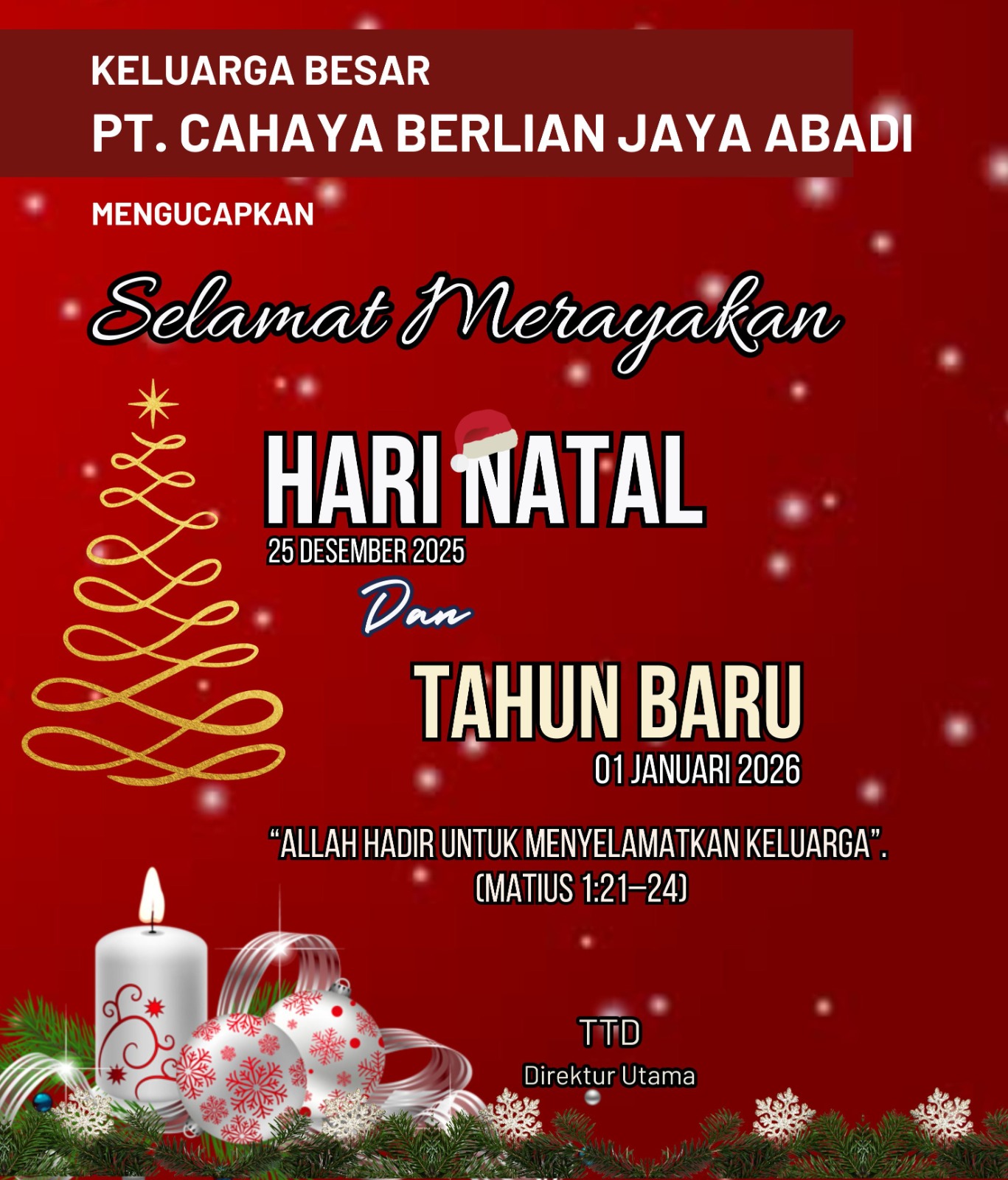 Keluarga Besar PT Cahaya Berlian Jaya Abadi Mengucapkan Selamat Natal dan Tahun Baru 